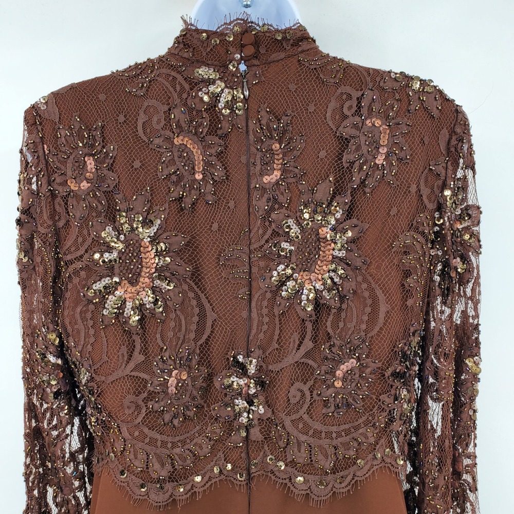 Jour Et Nuit Jackie Bernard Brown Beaded Lace Georgette Mock Neck Dress 4 Formal - Picture 9 of 10